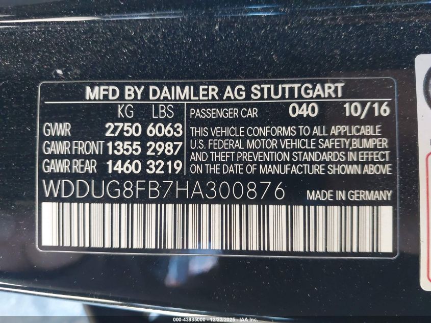 2017 Mercedes-Benz S 550 4Matic VIN: WDDUG8FB7HA300876 Lot: 43985000