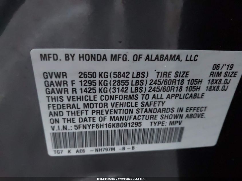 2019 Honda Pilot Lx VIN: 5FNYF6H16KB091295 Lot: 43985007