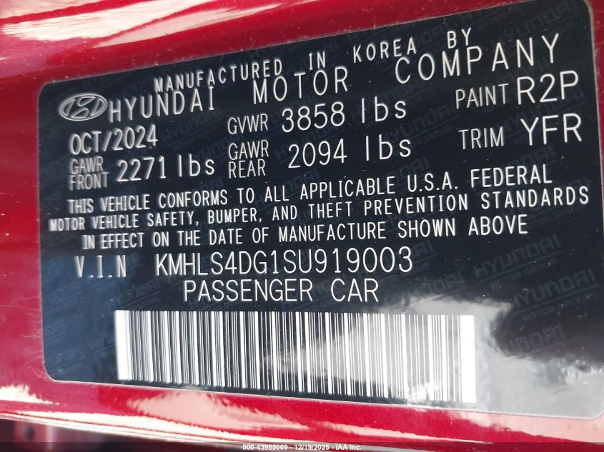 2025 Hyundai Elantra Sel Convenience VIN: KMHLS4DG1SU919003 Lot: 43985009