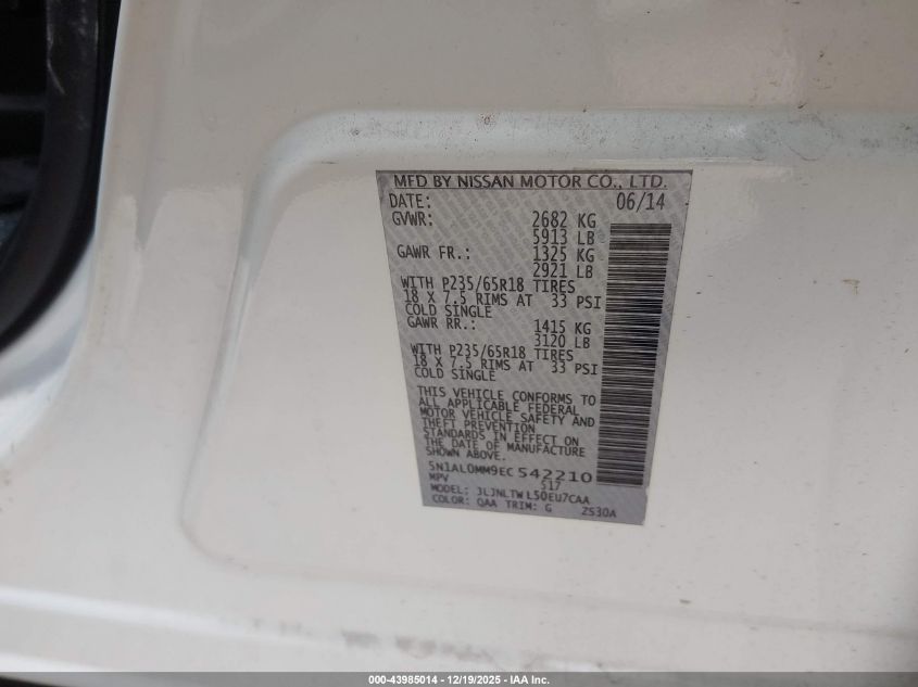 2014 Infiniti Qx60 VIN: 5N1AL0MM9EC542210 Lot: 43985014