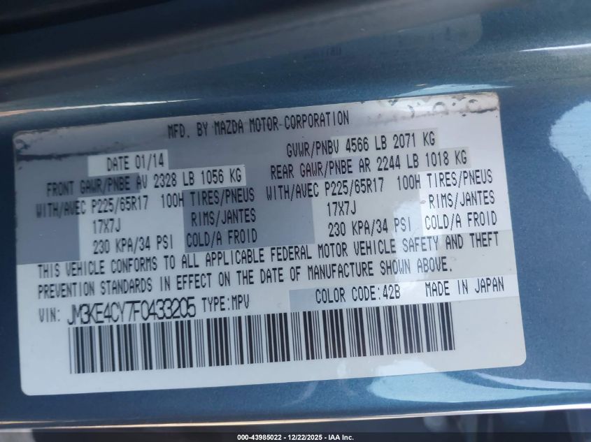 2015 Mazda Cx-5 Touring VIN: JM3KE4CY7F0433205 Lot: 43985022