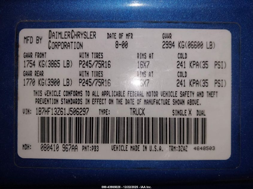 2001 Dodge Ram 2500 VIN: 1B7HF13261J506297 Lot: 43985028