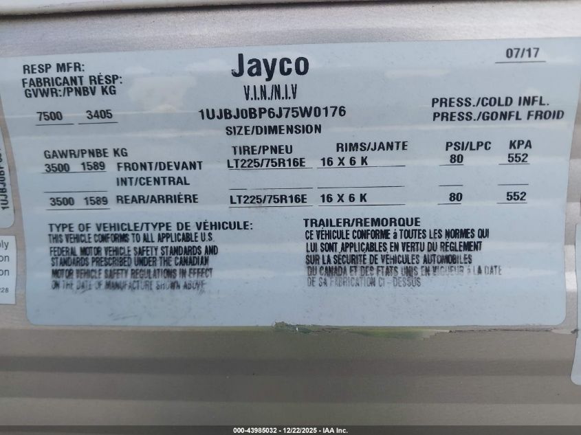 2018 Other Other VIN: 1UJBJ0BP6J75W0176 Lot: 43985032