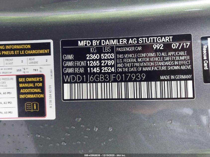 2018 Mercedes-Benz E 400 4Matic VIN: WDD1J6GB3JF017939 Lot: 43985036