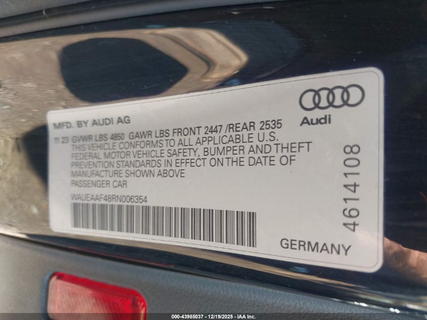 2024 Audi A4 Premium Plus 45 Tfsi S Line Quattro S Tronic VIN: WAUEAAF48RN006354 Lot: 43985037