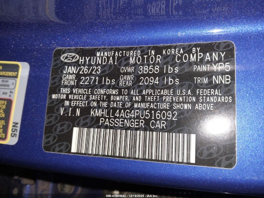 2023 Hyundai Elantra Se VIN: KMHLL4AG4PU516092 Lot: 43985042