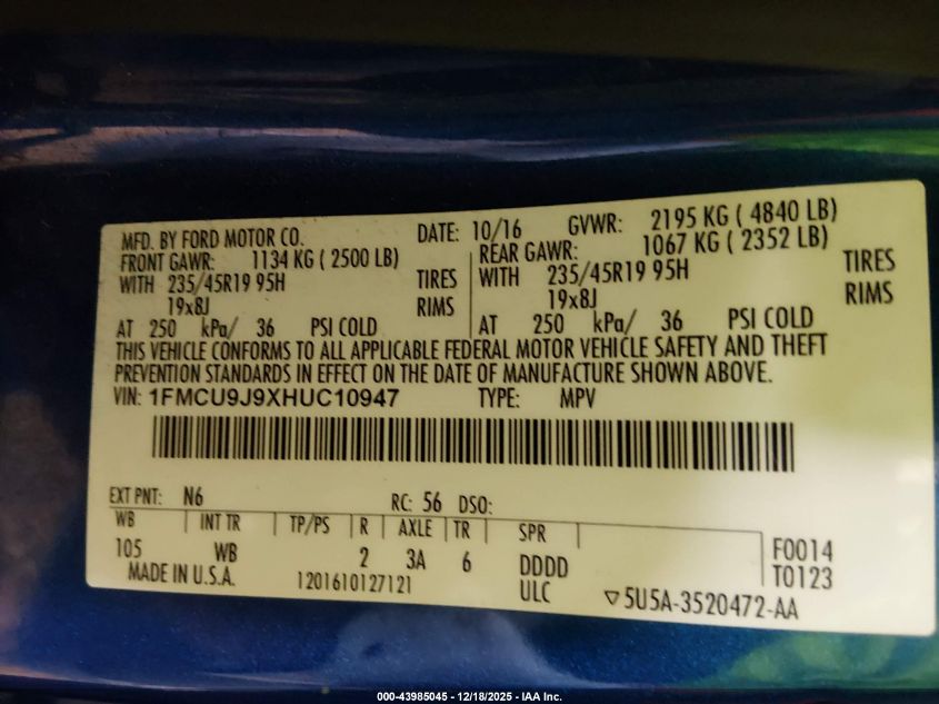 2017 Ford Escape Titanium VIN: 1FMCU9J9XHUC10947 Lot: 43985045