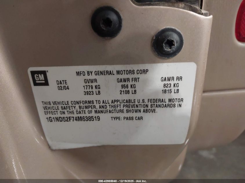 2004 Chevrolet Classic VIN: 1G1ND52F74M638519 Lot: 43985048