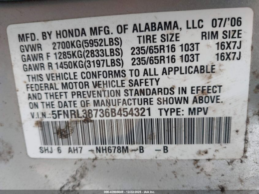 2006 Honda Odyssey Ex-L VIN: 5FNRL38736B454321 Lot: 43985049