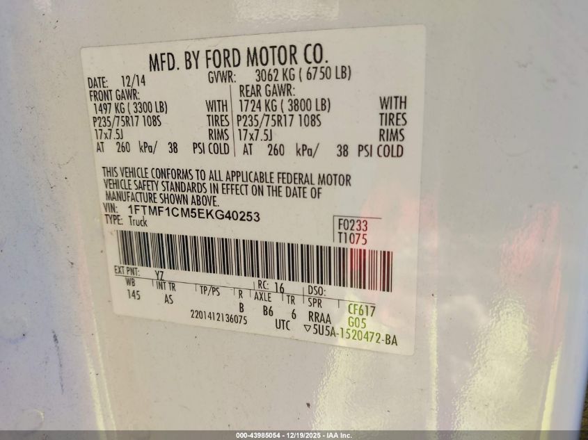 2014 Ford F-150 Xl VIN: 1FTMF1CM5EKG40253 Lot: 43985054