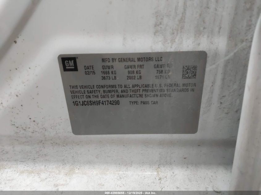 2015 Chevrolet Sonic Lt Auto VIN: 1G1JC6SH9F4174290 Lot: 43985055