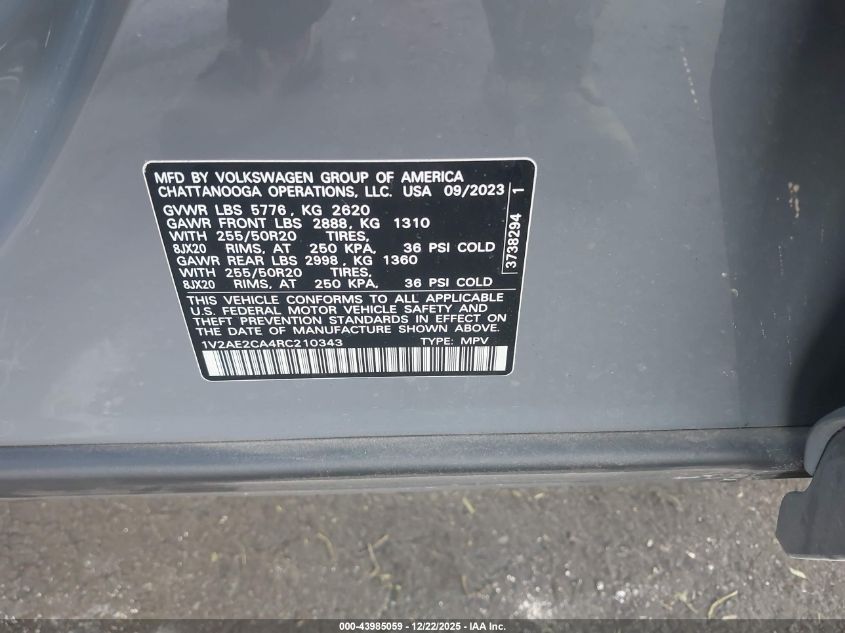 2024 Volkswagen Atlas Cross Sport 2.0T Sel R-Line VIN: 1V2AE2CA4RC210343 Lot: 43985059