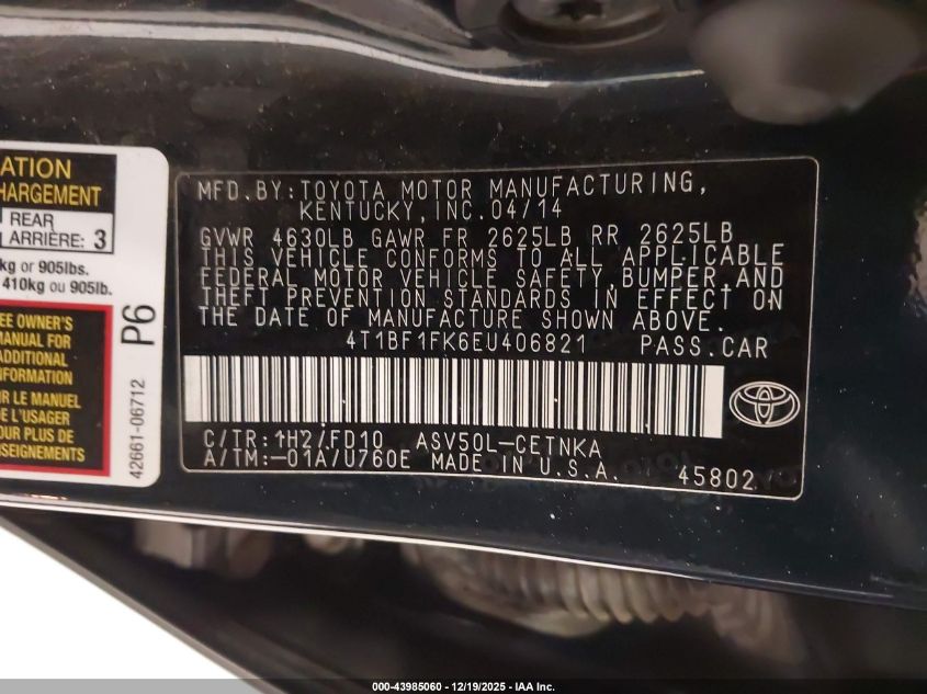 2014 Toyota Camry Le VIN: 4T1BF1FK6EU406821 Lot: 43985060