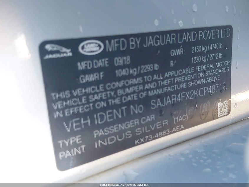 2019 Jaguar Xe 25T VIN: SAJAR4FX2KCP48712 Lot: 43985063
