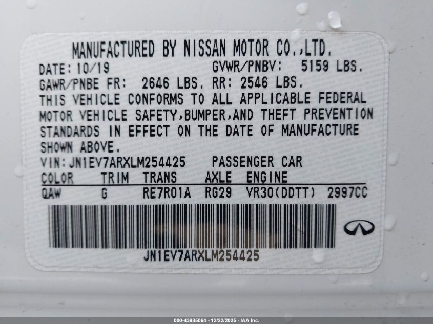 2020 Infiniti Q50 Luxe Awd VIN: JN1EV7ARXLM254425 Lot: 43985064