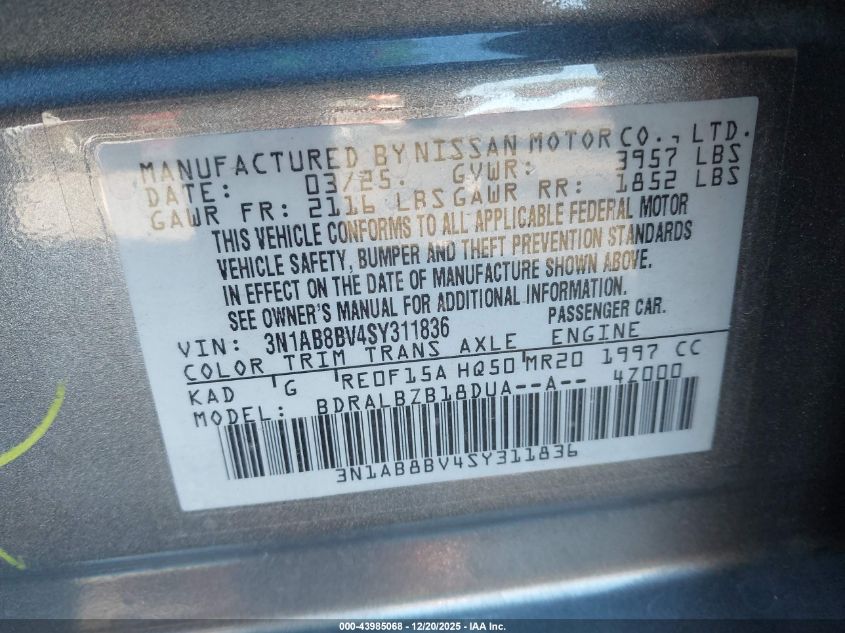 2025 Nissan Sentra S VIN: 3N1AB8BV4SY311836 Lot: 43985068