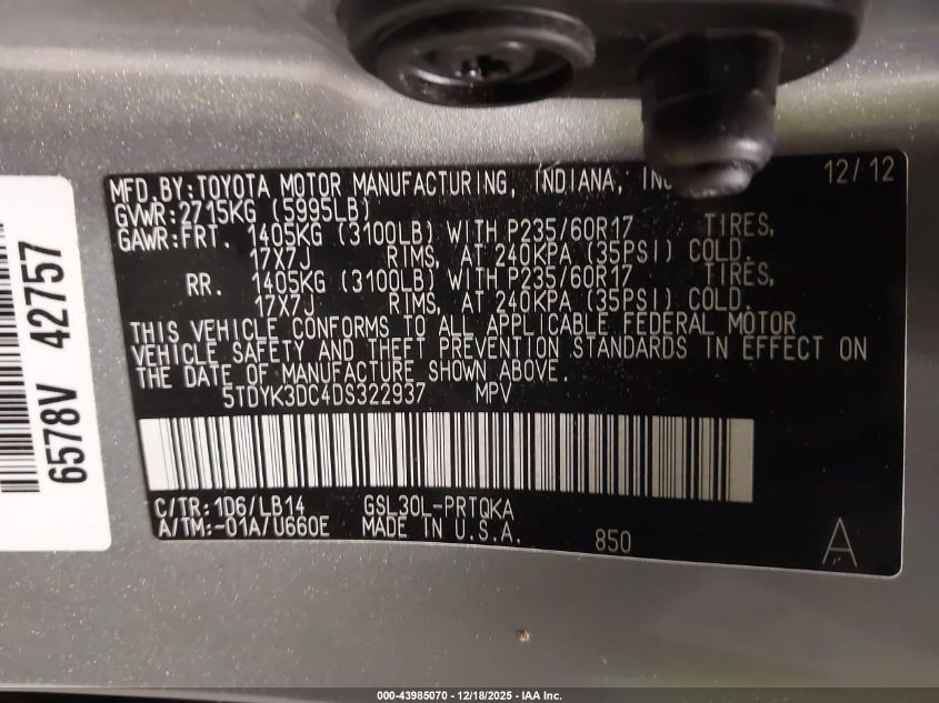 2013 Toyota Sienna Xle V6 8 Passenger VIN: 5TDYK3DC4DS322937 Lot: 43985070