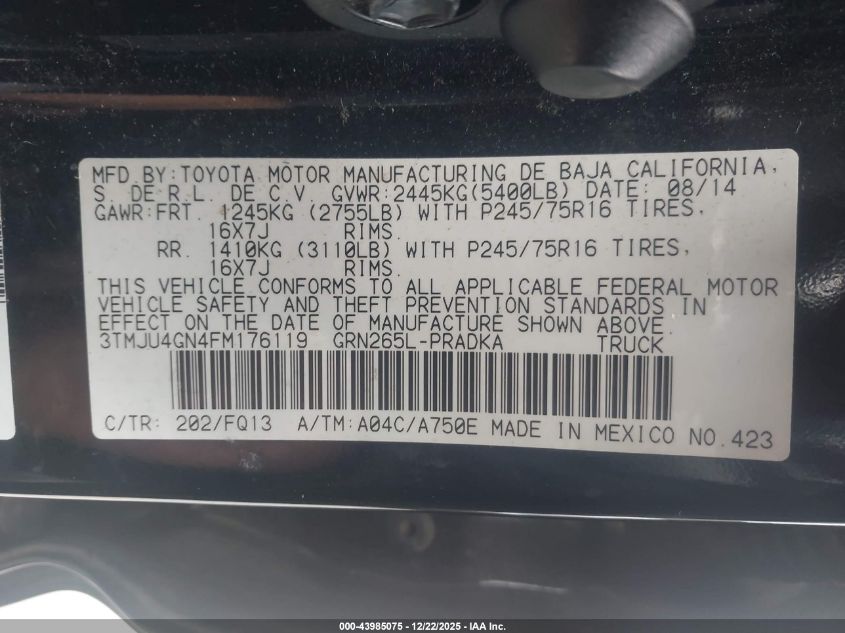 2015 Toyota Tacoma Prerunner V6 VIN: 3TMJU4GN4FM176119 Lot: 43985075