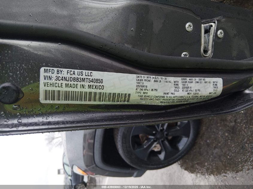 2021 Jeep Compass Altitude 4X4 VIN: 3C4NJDBB3MT540850 Lot: 43985083