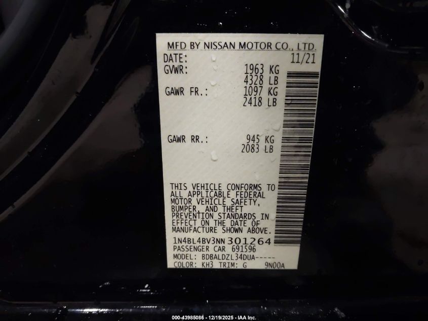 2022 Nissan Altima S Fwd VIN: 1N4BL4BV3NN301264 Lot: 43985086