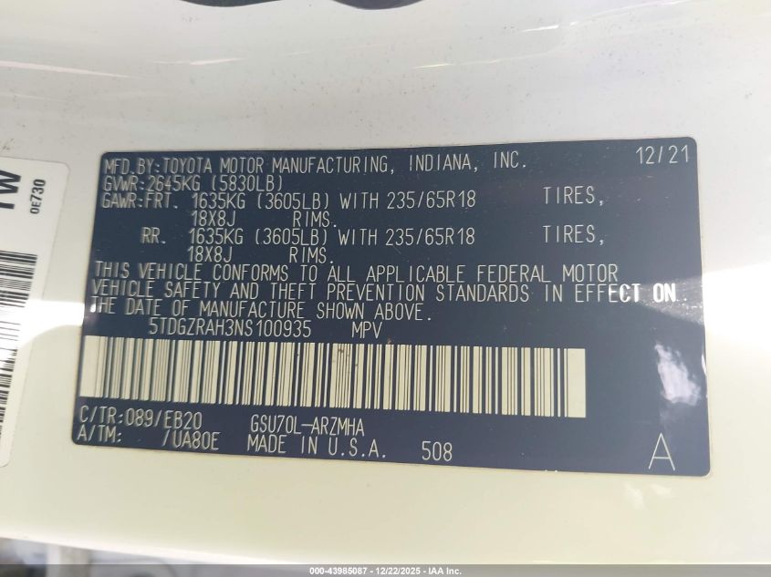 2022 Toyota Highlander Xle VIN: 5TDGZRAH3NS100935 Lot: 43985087