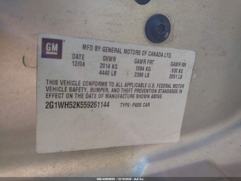 2005 Chevrolet Impala Ls VIN: 2G1WH52K559261144 Lot: 43985089