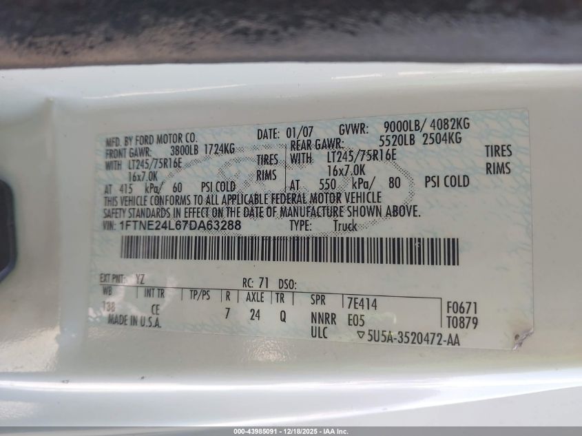 2007 Ford E-250 Commercial/Recreational VIN: 1FTNE24L67DA63288 Lot: 43985091