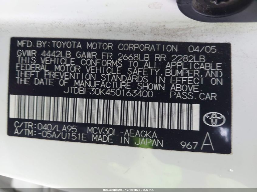 2005 Toyota Camry Xle V6 VIN: JTDBF30K450163400 Lot: 43985095