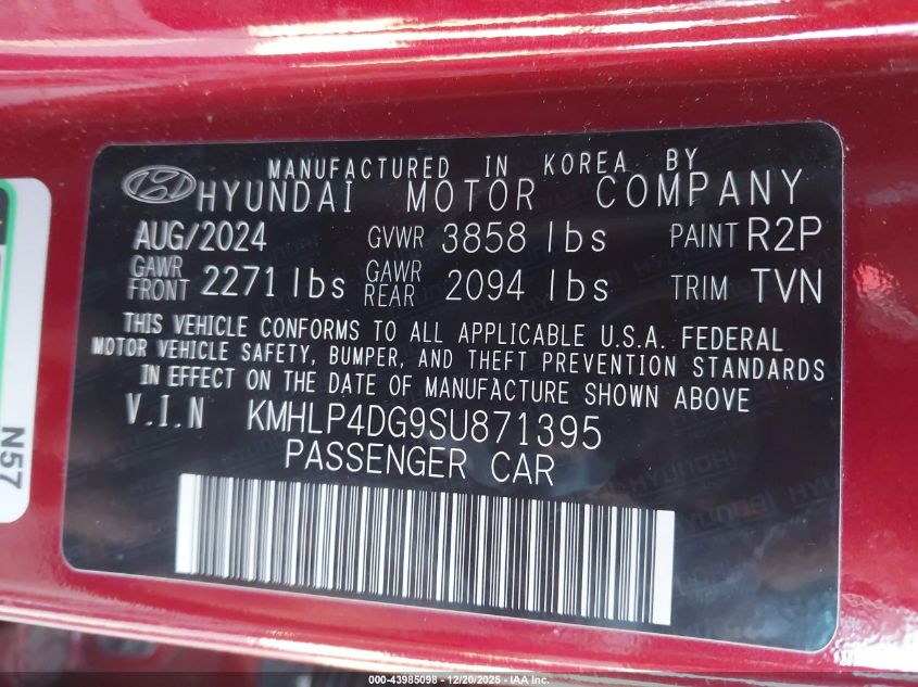 2025 Hyundai Elantra Limited VIN: KMHLP4DG9SU871395 Lot: 43985098