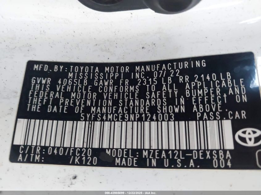 2022 Toyota Corolla Se Nightshade Edition VIN: 5YFS4MCE9NP124003 Lot: 43985099