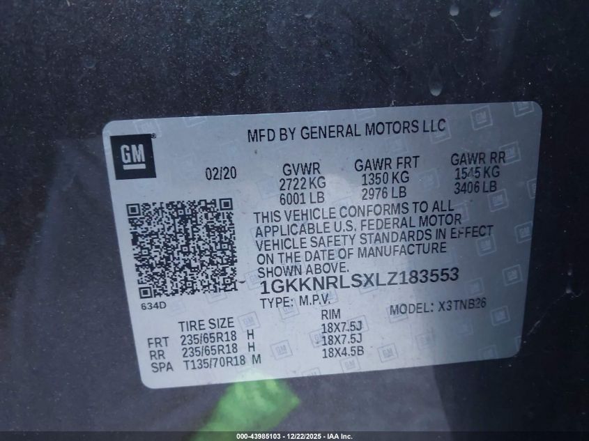 2020 GMC Acadia Fwd Sle VIN: 1GKKNRLSXLZ183553 Lot: 43985103