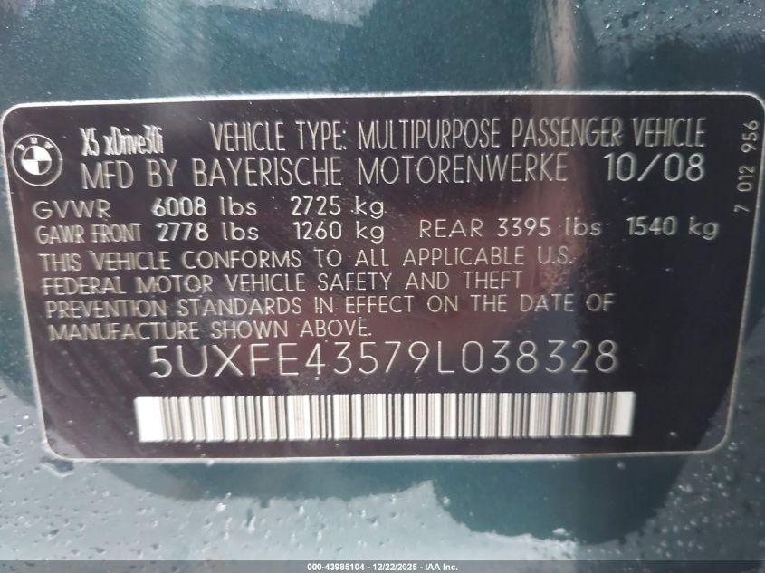 2009 BMW X5 xDrive30I VIN: 5UXFE43579L038328 Lot: 43985104