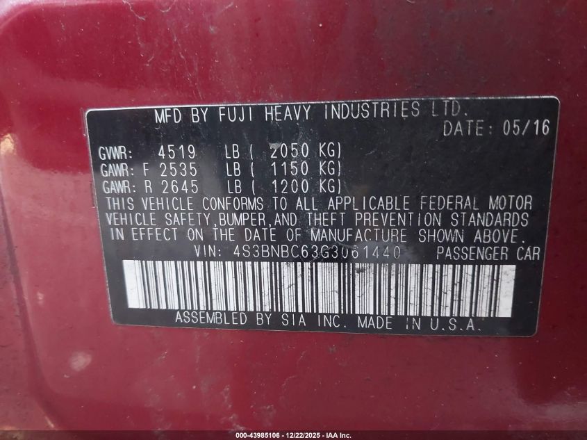 2016 Subaru Legacy 2.5I Premium VIN: 4S3BNBC63G3061440 Lot: 43985106