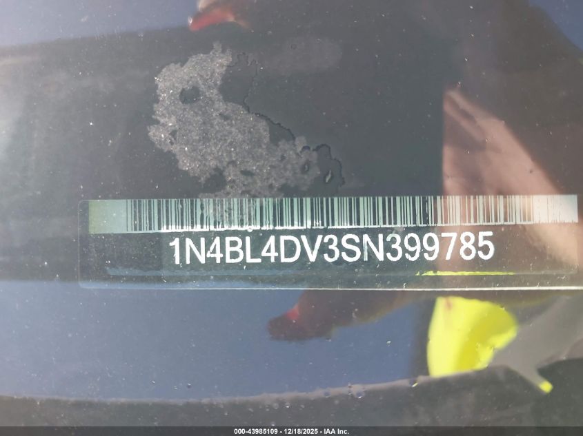 2025 Nissan Altima Sv Fwd VIN: 1N4BL4DV3SN399785 Lot: 43985109