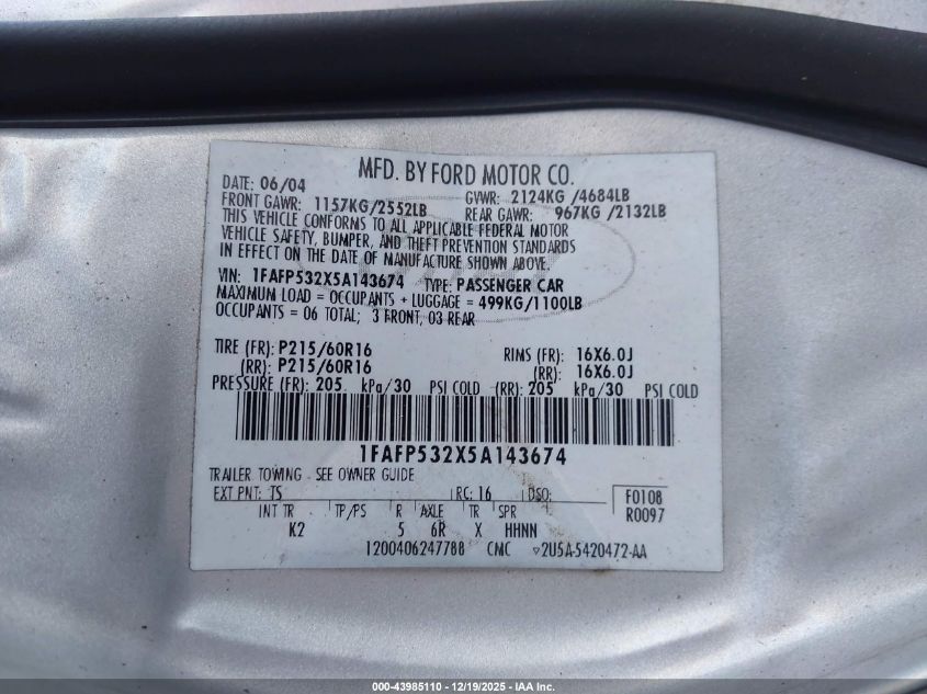 2005 Ford Taurus Se VIN: 1FAFP532X5A143674 Lot: 43985110