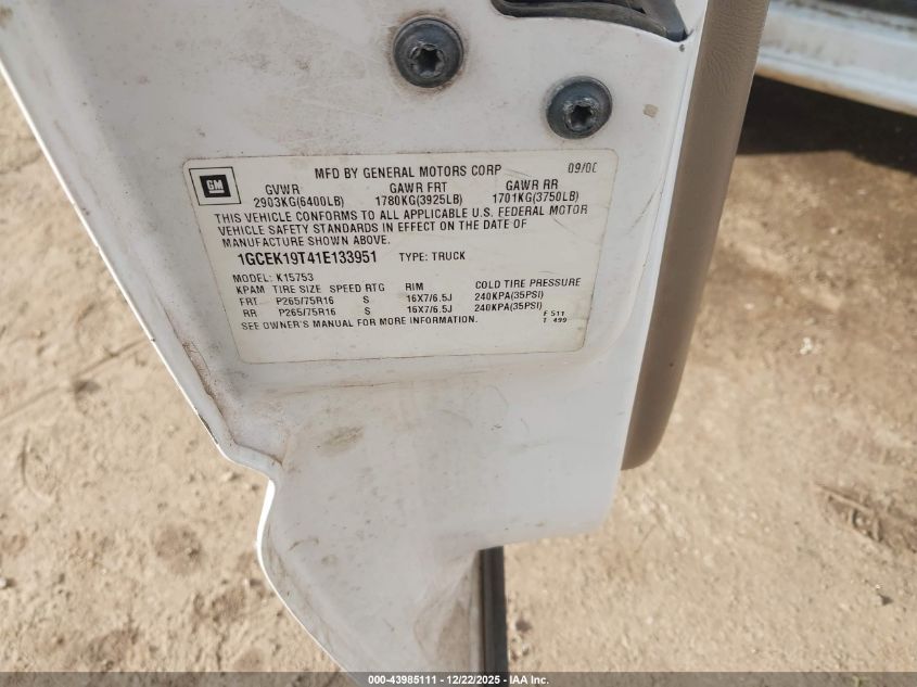 2001 Chevrolet Silverado 1500 Ls VIN: 1GCEK19T41E133951 Lot: 43985111