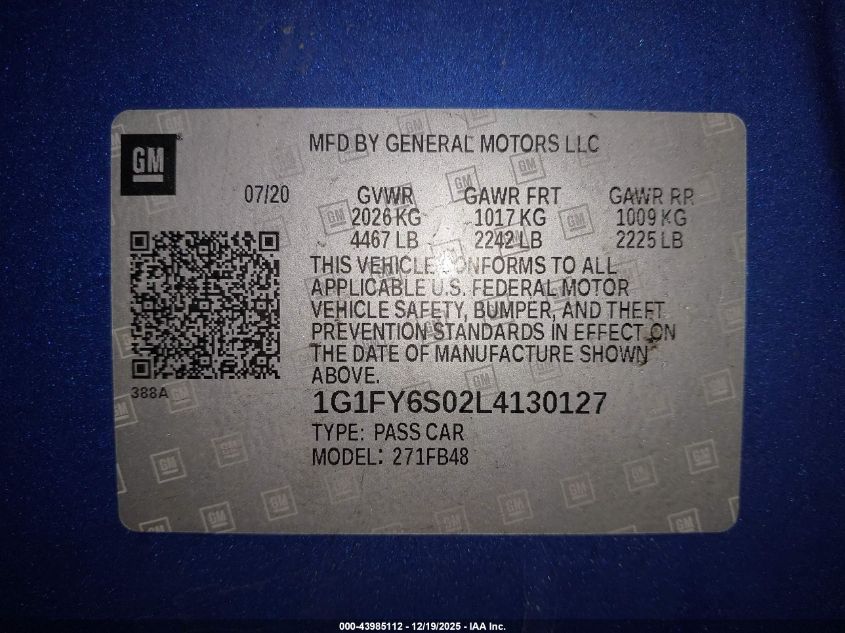 2020 Chevrolet Bolt Ev Fwd Lt VIN: 1G1FY6S02L4130127 Lot: 43985112