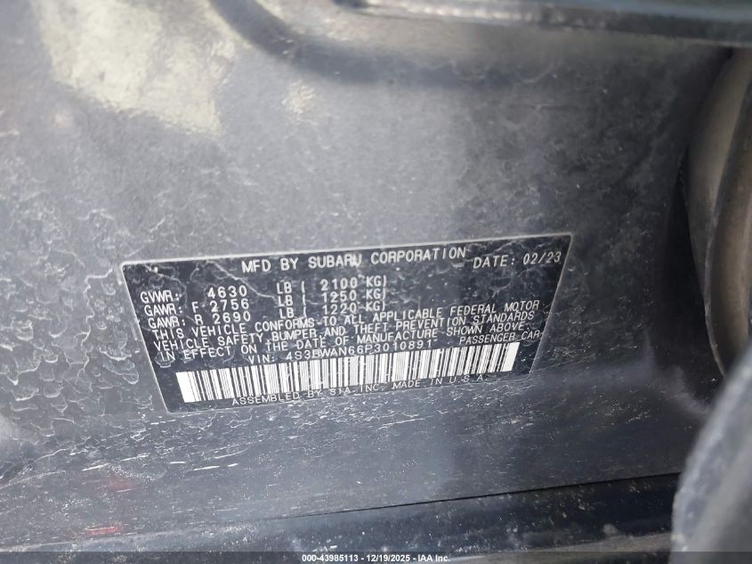 2023 Subaru Legacy Limited VIN: 4S3BWAN66P3010891 Lot: 43985113