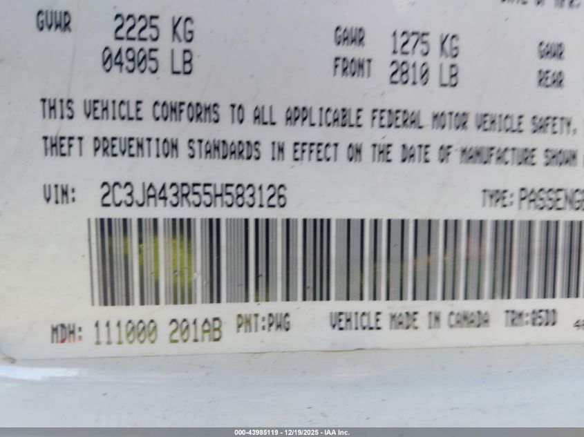 2005 Chrysler 300 VIN: 2C3JA43R55H583126 Lot: 43985119
