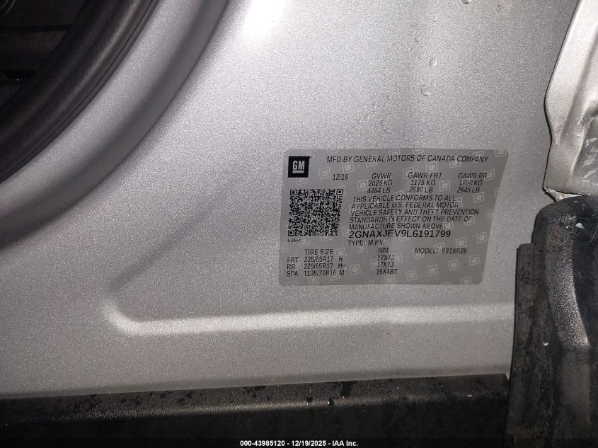 2020 Chevrolet Equinox Fwd 2Fl VIN: 2GNAXJEV9L6191799 Lot: 43985120