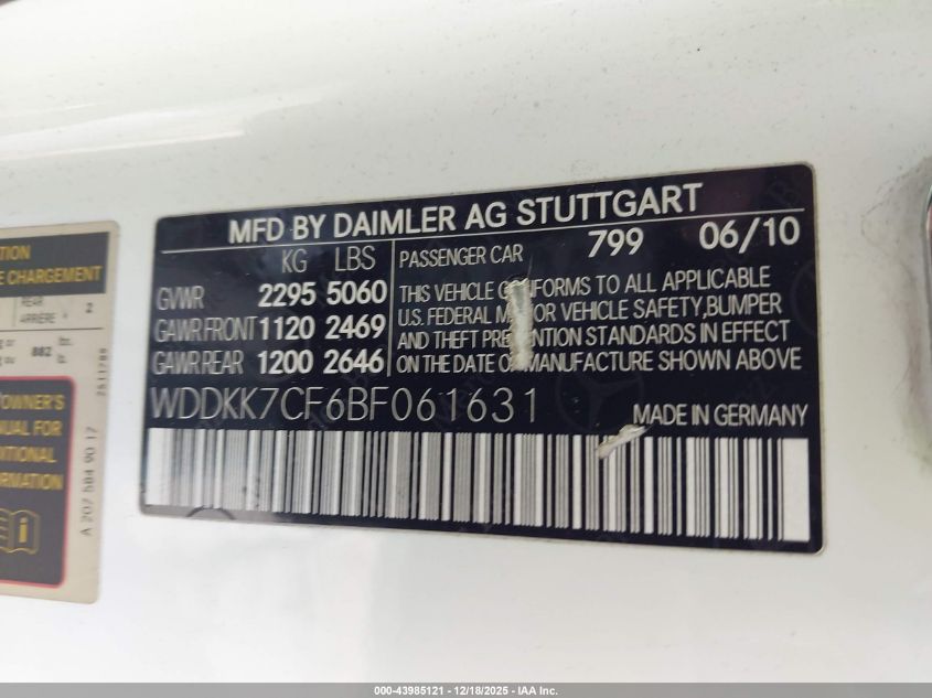 2011 Mercedes-Benz E 550 VIN: WDDKK7CF6BF061631 Lot: 43985121