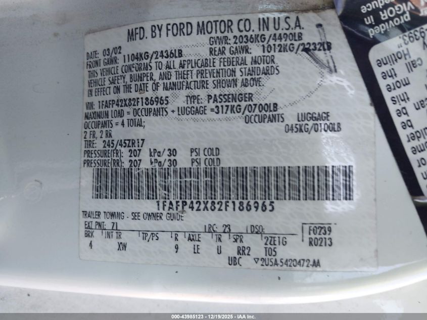 2002 Ford Mustang Gt VIN: 1FAFP42X82F186965 Lot: 43985123