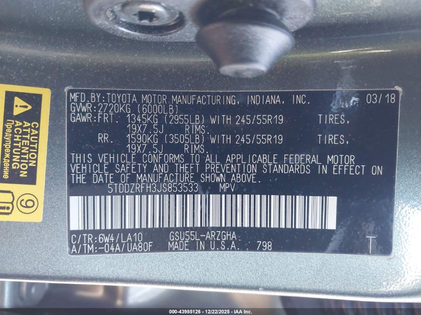 2018 Toyota Highlander Limited VIN: 5TDDZRFH3JS853533 Lot: 43985126