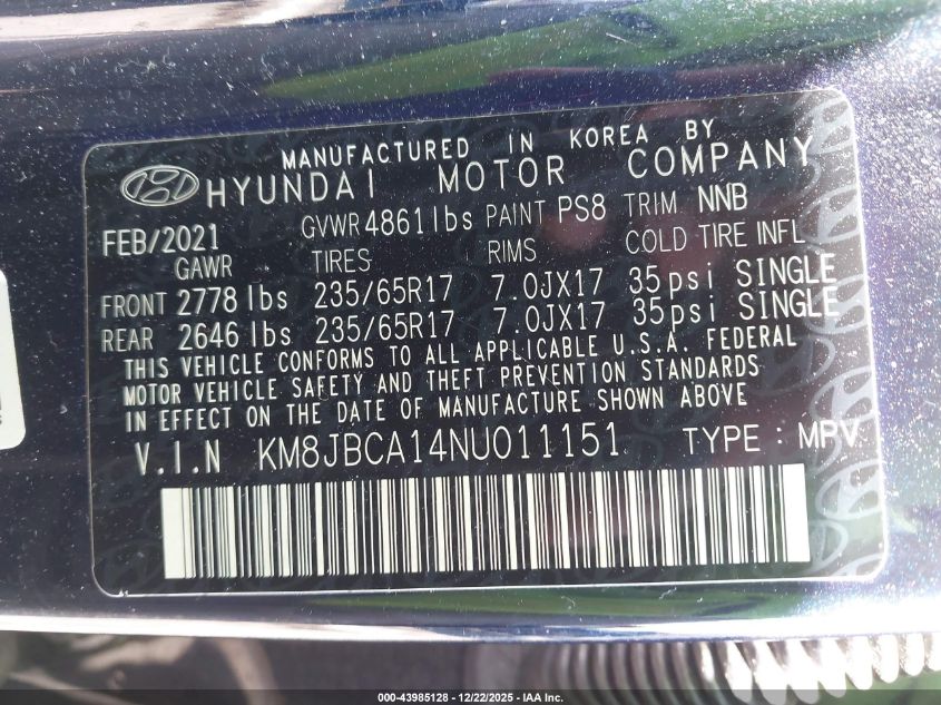 2022 Hyundai Tucson Hybrid Blue VIN: KM8JBCA14NU011151 Lot: 43985128