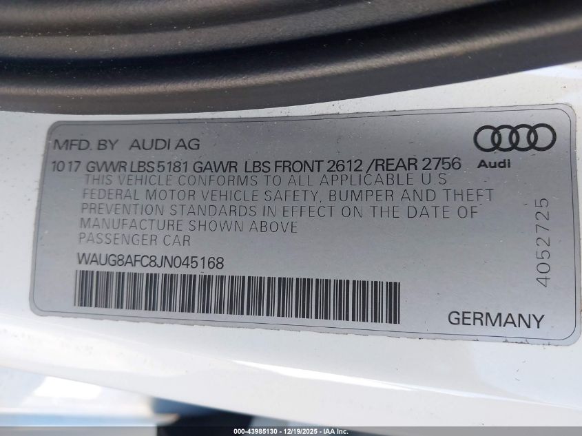 2018 Audi A6 2.0T Premium VIN: WAUG8AFC8JN045168 Lot: 43985130