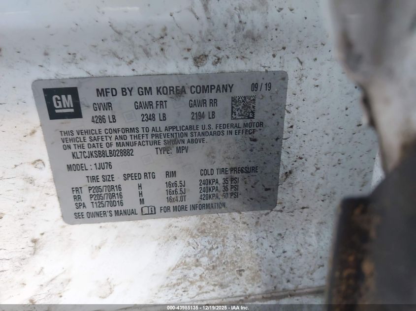 2020 Chevrolet Trax Fwd Ls VIN: KL7CJKSB8LB028882 Lot: 43985135