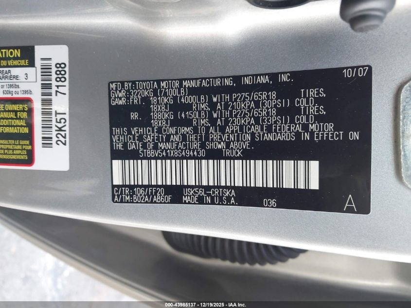 2008 Toyota Tundra Sr5 5.7L V8 VIN: 5TBBV541X8S494430 Lot: 43985137