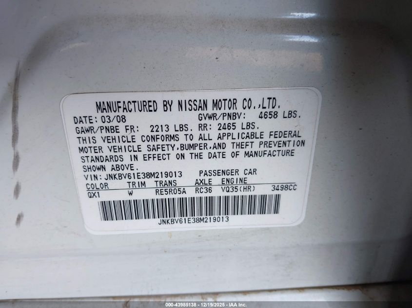 2008 Infiniti G35 Journey VIN: JNKBV61E38M219013 Lot: 43985138