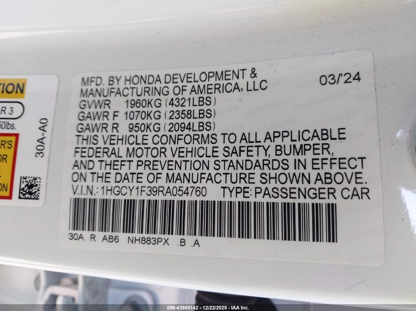 2024 Honda Accord Ex VIN: 1HGCY1F39RA054760 Lot: 43985142