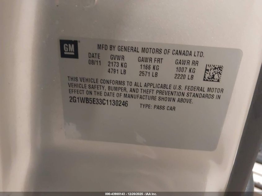 2012 Chevrolet Impala Lt VIN: 2G1WB5E33C1130246 Lot: 43985143